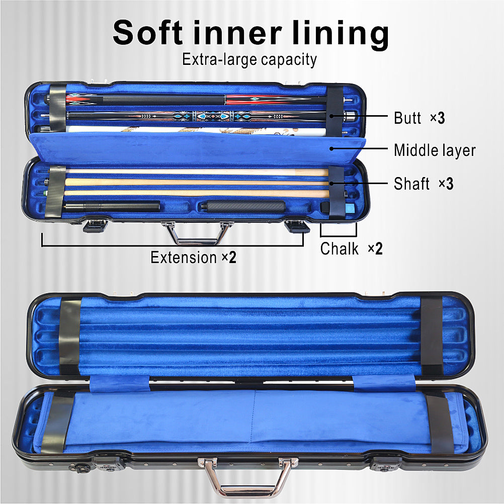 Hard 3x3 Billiard Cue Case,ABS+PC Shell with Aluminum Alloy Frame &Lock,Holds 3Butts 3 Shafts with Extensions& Accessories,Heavy Duty Pool Cue Case for Professional Players
