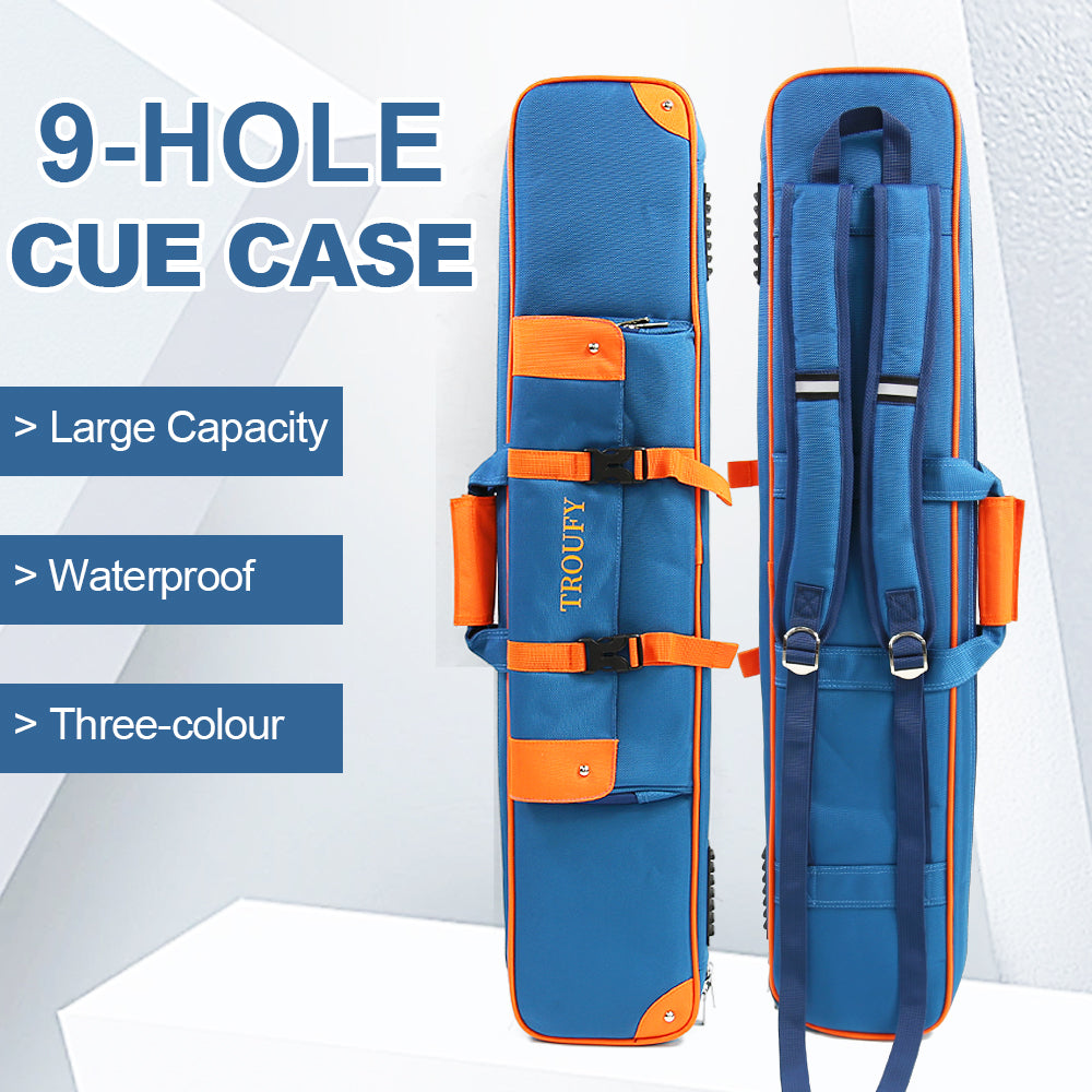 TROUFY 9-Hole Pool Cue Case - Holds 4 Butts & 5 Shafts, Color Block Design (Blue/Black/Gray), Front Accessory Pocket