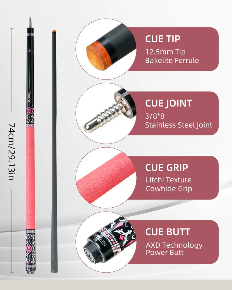 KONLLEN AK-02F Carbon Fiber Pool Cue Stick with 12.5mm Tip Pink Leather Grip Low Deflection Suitable for Woman for Billiard Cue
