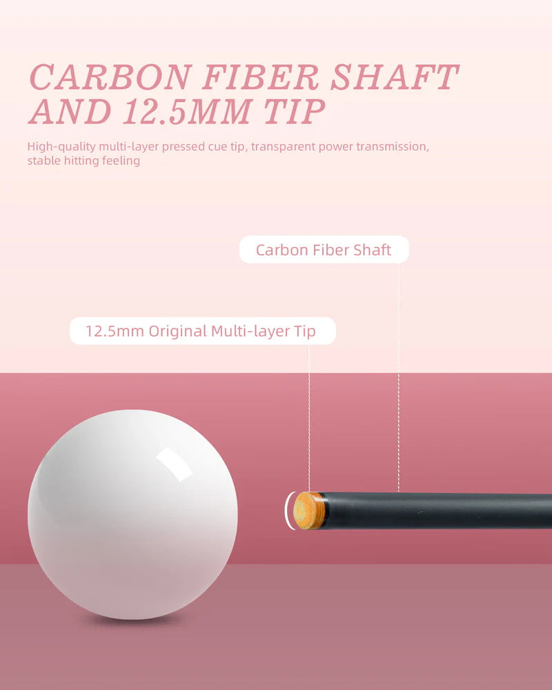 KONLLEN AK-02F Carbon Fiber Pool Cue Stick with 12.5mm Tip Pink Leather Grip Low Deflection Suitable for Woman for Billiard Cue