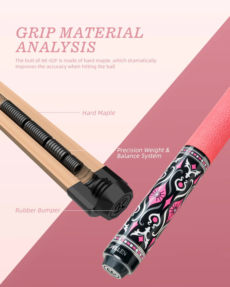 KONLLEN AK-02F Carbon Fiber Pool Cue Stick with 12.5mm Tip Pink Leather Grip Low Deflection Suitable for Woman for Billiard Cue