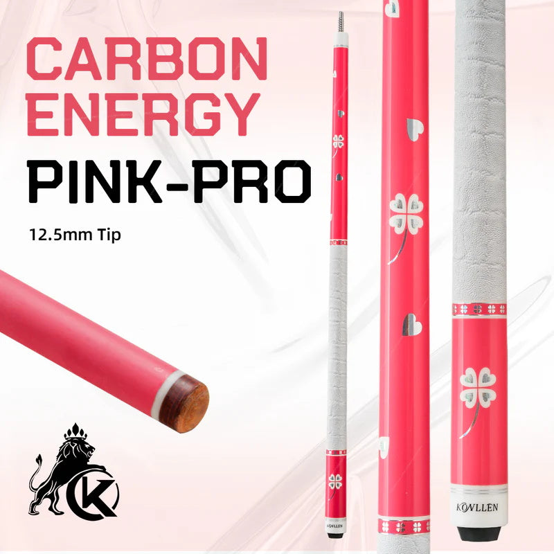 KONLLEN Pink Carbon Fiber Pool Cue Stick for Women KL-Pink-Pro 58" Girlish Lucky Low Deflection Pool Sticks with 12.5mm Tip