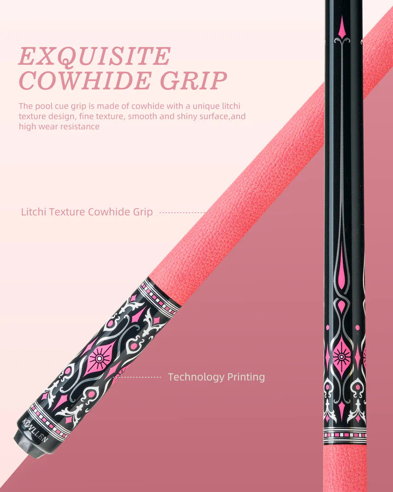 KONLLEN AK-02F Carbon Fiber Pool Cue Stick with 12.5mm Tip Pink Leather Grip Low Deflection Suitable for Woman for Billiard Cue