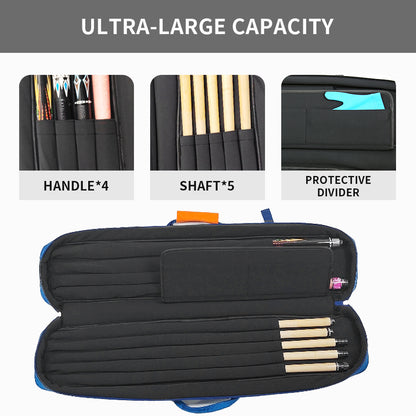 TROUFY 9-Hole Pool Cue Case - Holds 4 Butts & 5 Shafts, Color Block Design (Blue/Black/Gray), Front Accessory Pocket