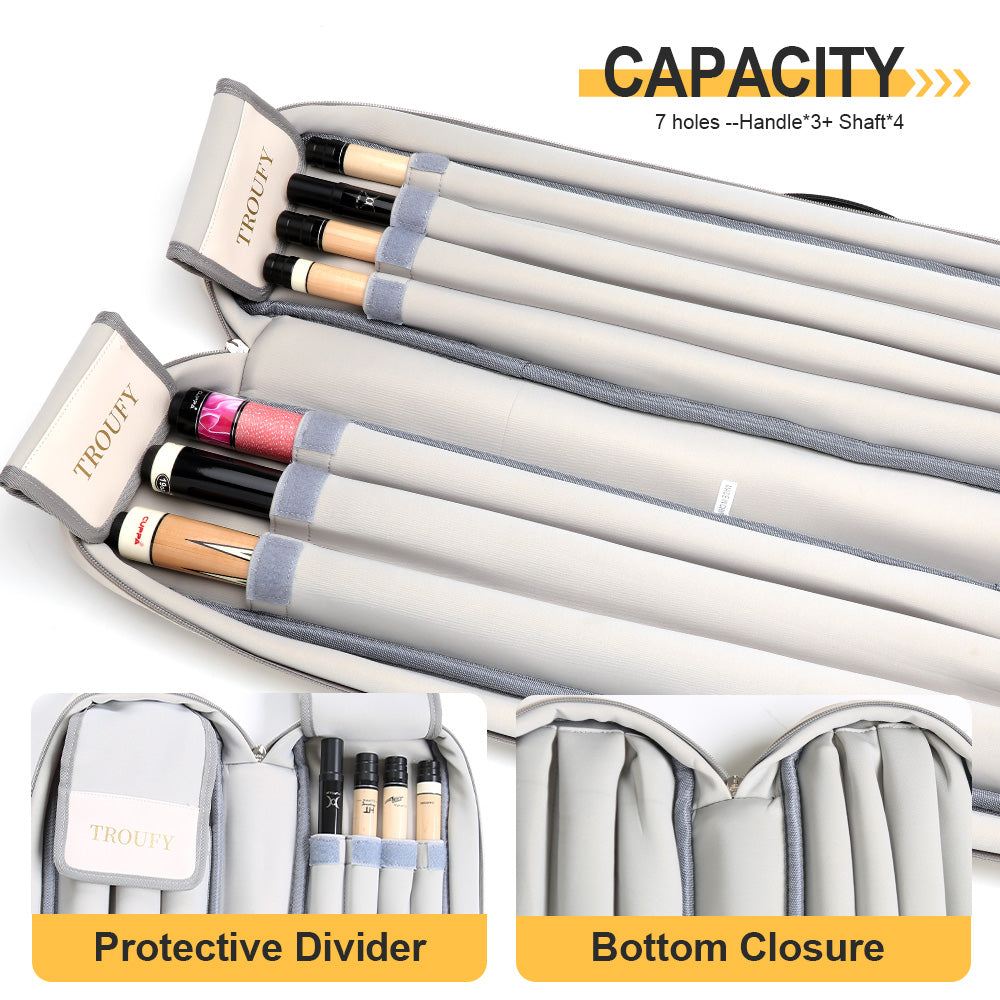 TROUFY 7-Hole Pool Cue Case - Holds 3 Butts & 4 Shafts, Premium PU Leather, Red/Blue/Gray