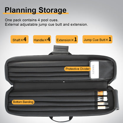 TROUFY 8-Tube Pool Cue Case - Waterproof PU Leather, Holds 4 Shafts & 4 Butts, Includes 2 Accessory Pouches & Extension Storage, Yellow/Red/Blue
