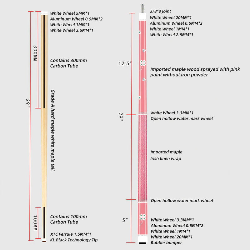 KONLLEN Pool Cue Stick Low Deflection Billiards Cue Stick Young Fashionable 58" Professional Pool Table Sticks Gifts for Adults -12.5mm Tip, 3/8 * 8Joint, Weight 19OZ