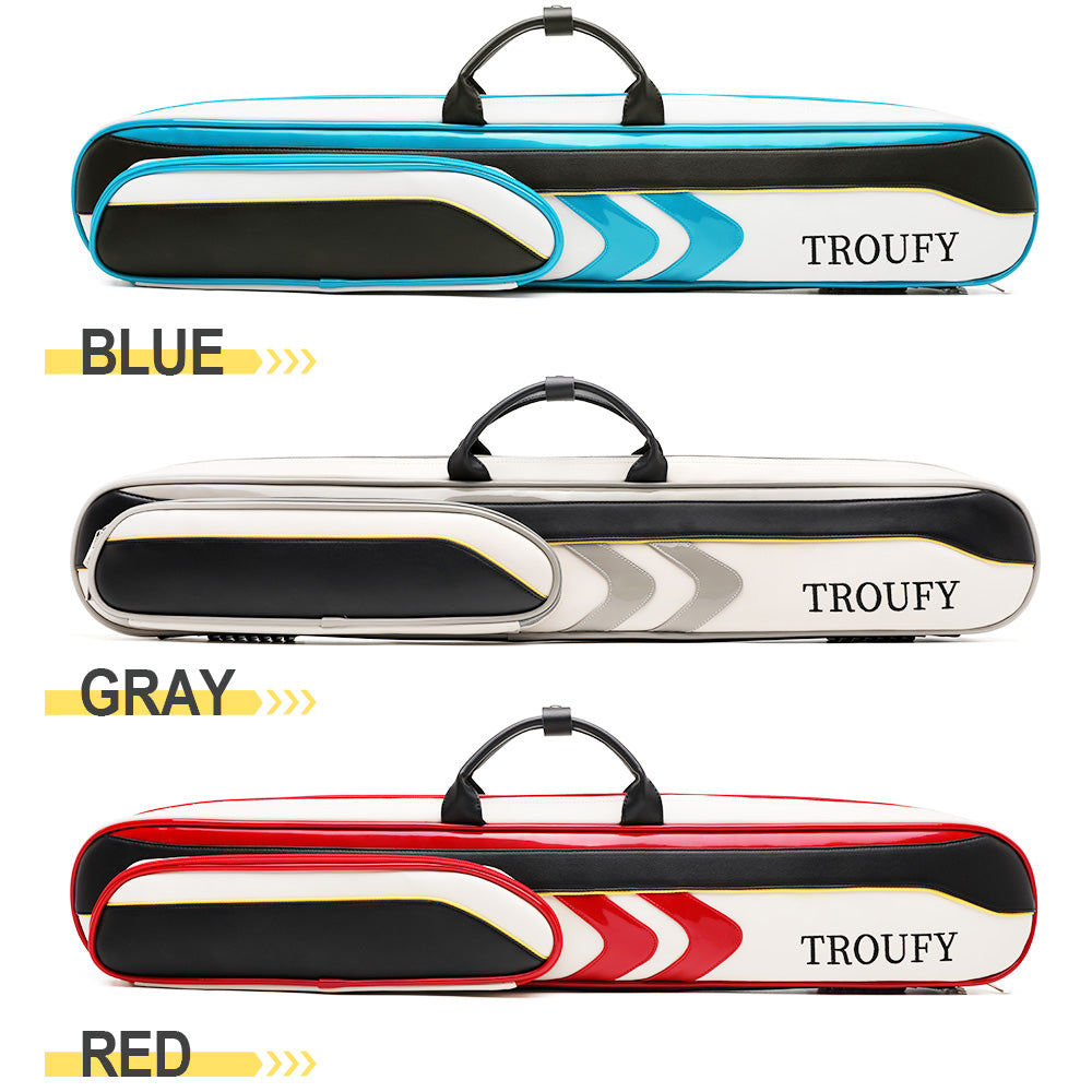 TROUFY 7-Hole Pool Cue Case - Holds 3 Butts & 4 Shafts, Premium PU Leather, Red/Blue/Gray