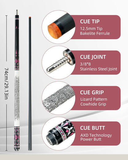 KONLLEN AK-02F Carbon Fiber Pool Cue Stick with 12.5mm Tip Pink Leather Grip Low Deflection Suitable for Woman for Billiard Cue
