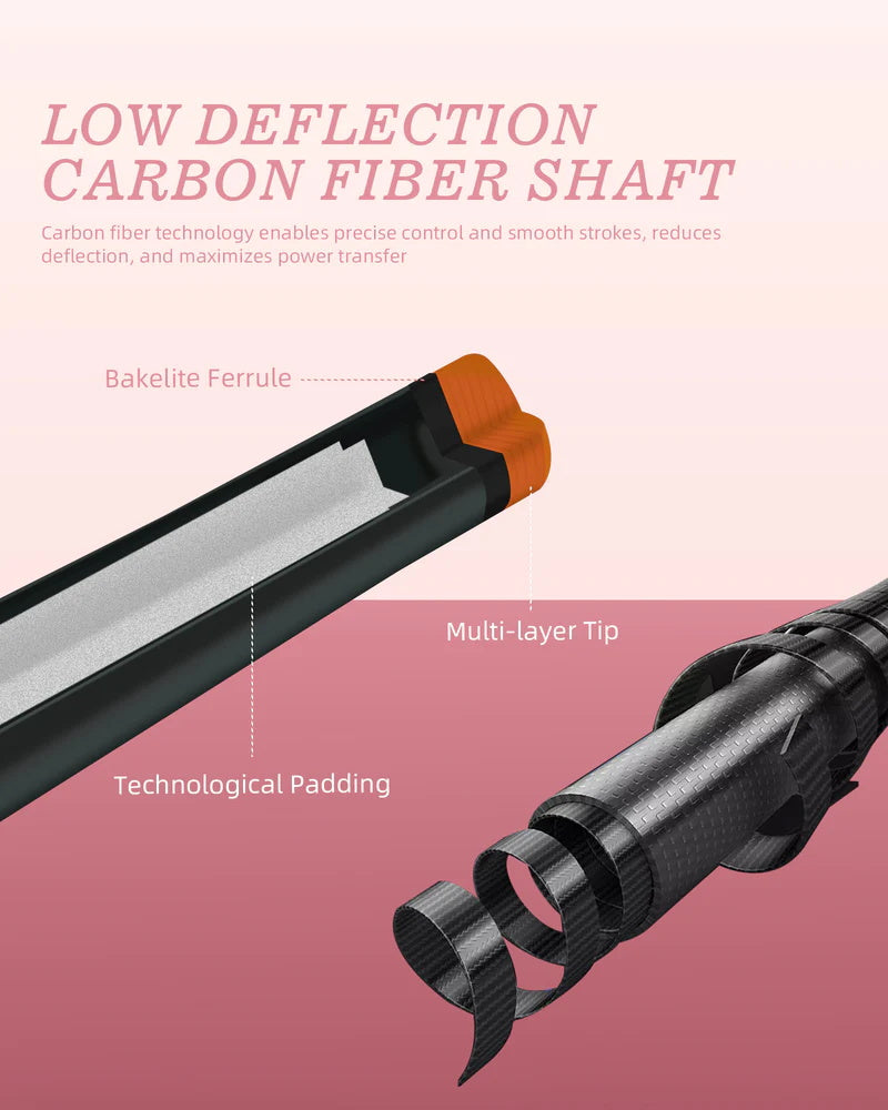 KONLLEN AK-02F Carbon Fiber Pool Cue Stick with 12.5mm Tip Pink Leather Grip Low Deflection Suitable for Woman for Billiard Cue