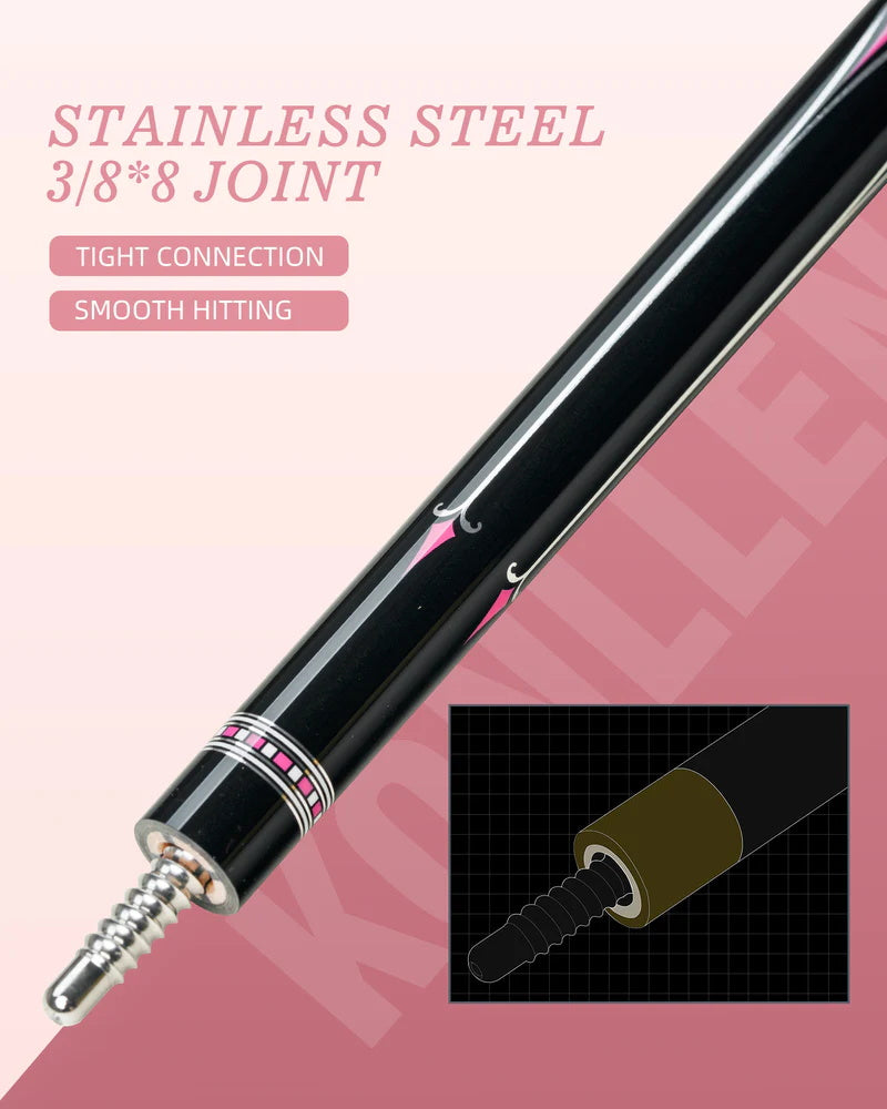 KONLLEN AK-02F Carbon Fiber Pool Cue Stick with 12.5mm Tip Pink Leather Grip Low Deflection Suitable for Woman for Billiard Cue