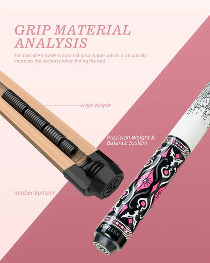 KONLLEN AK-02F Carbon Fiber Pool Cue Stick with 12.5mm Tip Pink Leather Grip Low Deflection Suitable for Woman for Billiard Cue