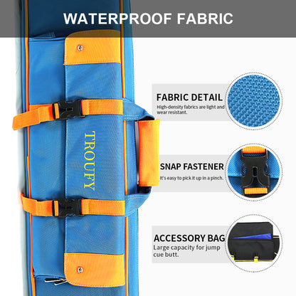 TROUFY 9-Hole Pool Cue Case - Holds 4 Butts & 5 Shafts, Color Block Design (Blue/Black/Gray), Front Accessory Pocket