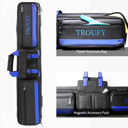 - TROUFY 8-Hole Pool Cue Case - Holds 4 Shafts & 4 Butts, PU Leather Waterproof Billiard Cue Bag (Yellow/Black/Blue)