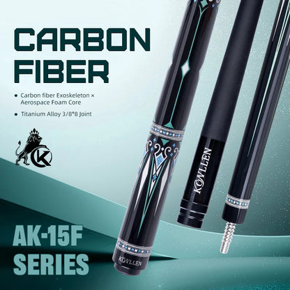 KONLLEN AK-15WBF Series Carbon Fiber Pool Cue Stick Professional Cues Leather Wrap/Wrapless Full Carbon Technology Low Deflection Billiard Cue Stick 147cm 12.5mm Tip