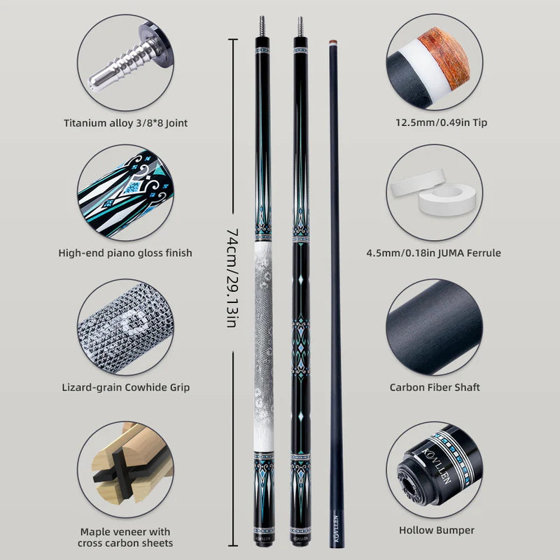 KONLLEN AK-15WBF Series Carbon Fiber Pool Cue Stick Professional Cues Leather Wrap/Wrapless Full Carbon Technology Low Deflection Billiard Cue Stick 147cm 12.5mm Tip