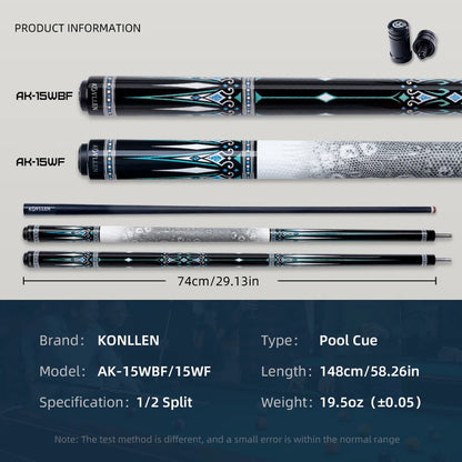 KONLLEN AK-15WBF Series Carbon Fiber Pool Cue Stick Professional Cues Leather Wrap/Wrapless Full Carbon Technology Low Deflection Billiard Cue Stick 147cm 12.5mm Tip