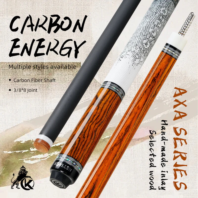KONLLEN Carbon Fiber Pool Cue - AXA Series - Handmade Inlay Cues Stick Precision and Stability Professional Low Deflection Pool Stick with Wooden Pool Cue Box