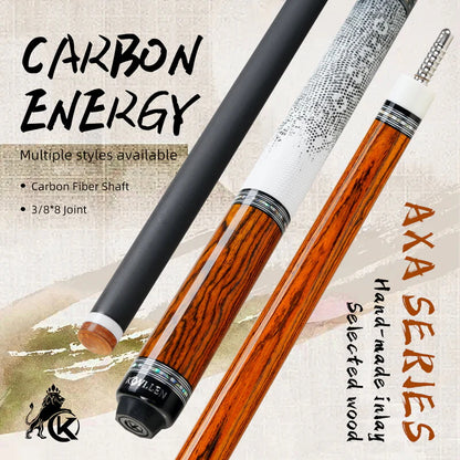 KONLLEN Carbon Fiber Pool Cue - AXA Series - Handmade Inlay Cues Stick Precision and Stability Professional Low Deflection Pool Stick with Wooden Pool Cue Box