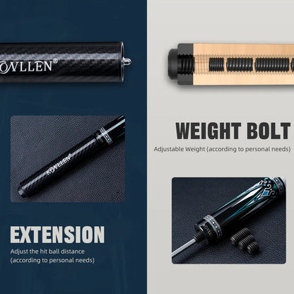 KONLLEN AK-15WBF Series Carbon Fiber Pool Cue Stick Professional Cues Leather Wrap/Wrapless Full Carbon Technology Low Deflection Billiard Cue Stick 147cm 12.5mm Tip